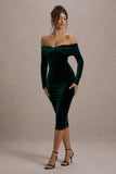 Compliment | Bottle Green Velvet Bardot Midi Dress