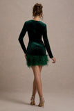 Tamsin | Bottle Green Velvet Long-Sleeved Feather Mini Dress