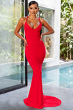 Shooting Star Red Backless Knot Detail Fishtail Maxi Dress