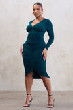 Centre Of Attention Plus Bottle Green Long Sleeve Ruched Front Midi Dress