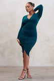 Centre Of Attention Plus Bottle Green Long Sleeve Ruched Front Midi Dress