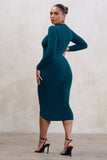 Centre Of Attention Plus Bottle Green Long Sleeve Ruched Front Midi Dress