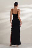 On Show Black Lace Up Detail Split Leg Maxi Dress