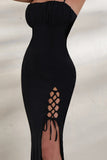 On Show Black Lace Up Detail Split Leg Maxi Dress