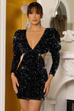 Daring Black Cut Out Sequin Velvet Mini Dress With Puff Sleeves