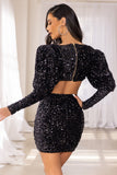 Daring Black Cut Out Sequin Velvet Mini Dress With Puff Sleeves