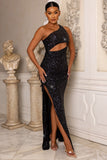 High Time Black One Shoulder Ruched Maxi Dress With Side Split