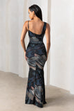 Phantasy Black Abstract Print Asymmetric Neckline Cowl Maxi Dress