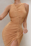 A Million Reasons Sand Ruched Asymmetric Mini Dress