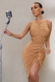 A Million Reasons Sand Ruched Asymmetric Mini Dress