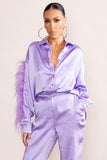 Catch My Eye Lilac Feather Sleeve Satin Shirt