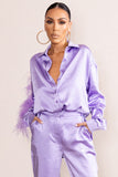 Catch My Eye Lilac Feather Sleeve Satin Shirt