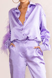 Catch My Eye Lilac Feather Sleeve Satin Shirt