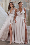 Darling Champagne Satin Halter Neck Bow Back Thigh Split Maxi Dress