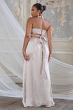 Darling Champagne Satin Halter Neck Bow Back Thigh Split Maxi Dress