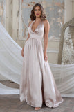 Darling Champagne Satin Halter Neck Bow Back Thigh Split Maxi Dress