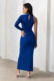 Follow Me Royal Blue High Neck One Sleeve Maxi Dress With Side Ruching