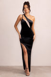 Try Me Black Velvet Asymmetric Neck Cut Out Maxi Dress With Front Split