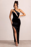 Try Me Black Velvet Asymmetric Neck Cut Out Maxi Dress With Front Split