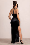 Try Me Black Velvet Asymmetric Neck Cut Out Maxi Dress With Front Split