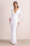 Amani White Sequin Plunge Neck Long Sleeves Fishtail Maxi Dress