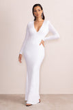 Amani White Sequin Plunge Neck Long Sleeves Fishtail Maxi Dress