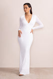 Amani White Sequin Plunge Neck Long Sleeves Fishtail Maxi Dress