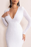 Amani White Sequin Plunge Neck Long Sleeves Fishtail Maxi Dress