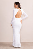 Amani White Sequin Plunge Neck Long Sleeves Fishtail Maxi Dress