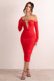 Charlotte Red Deep Plunge Ruched Long Sleeved Midi Dress