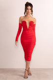 Charlotte Red Deep Plunge Ruched Long Sleeved Midi Dress