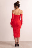 Charlotte Red Deep Plunge Ruched Long Sleeved Midi Dress