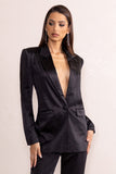 Arabella Black Satin Plunge Neck Oversized Blazer