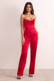 Amiah Berry Red Satin Strapless Straight Leg Jumpsuit