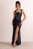 Lola Black Satin Reverse Sweetheart Lace Overlay Maxi Dress With Diamante Trim