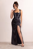 Lola Black Satin Reverse Sweetheart Lace Overlay Maxi Dress With Diamante Trim