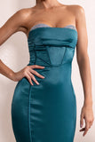 Anne Teal Satin Layered Corset Detail Midi Dress