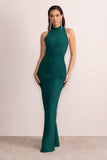 Liori Bottle Green Halter Neck Maxi Dress With Ruching Detail