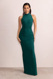 Liori Bottle Green Halter Neck Maxi Dress With Ruching Detail