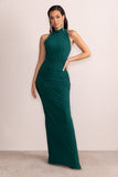 Liori Bottle Green Halter Neck Maxi Dress With Ruching Detail