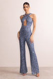 Audrey Slate Blue Sequin Cross Front Flared Leg Jumpsuit With Keyhole Detail