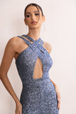 Audrey Slate Blue Sequin Cross Front Flared Leg Jumpsuit With Keyhole Detail