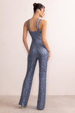 Audrey Slate Blue Sequin Cross Front Flared Leg Jumpsuit With Keyhole Detail