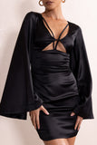 Aubrey Black Plunge Neck Kimono Sleeve Mini Dress