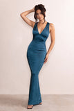 Emery Teal Satin Plunge Neck Strappy Back Maxi Dress