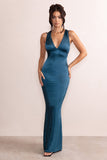 Emery Teal Satin Plunge Neck Strappy Back Maxi Dress