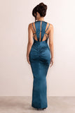 Emery Teal Satin Plunge Neck Strappy Back Maxi Dress