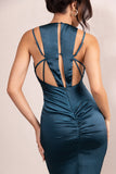 Emery Teal Satin Plunge Neck Strappy Back Maxi Dress