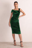 Daniela Bottle Green Velvet One Shoulder Ruched Midi Dress