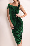 Daniela Bottle Green Velvet One Shoulder Ruched Midi Dress